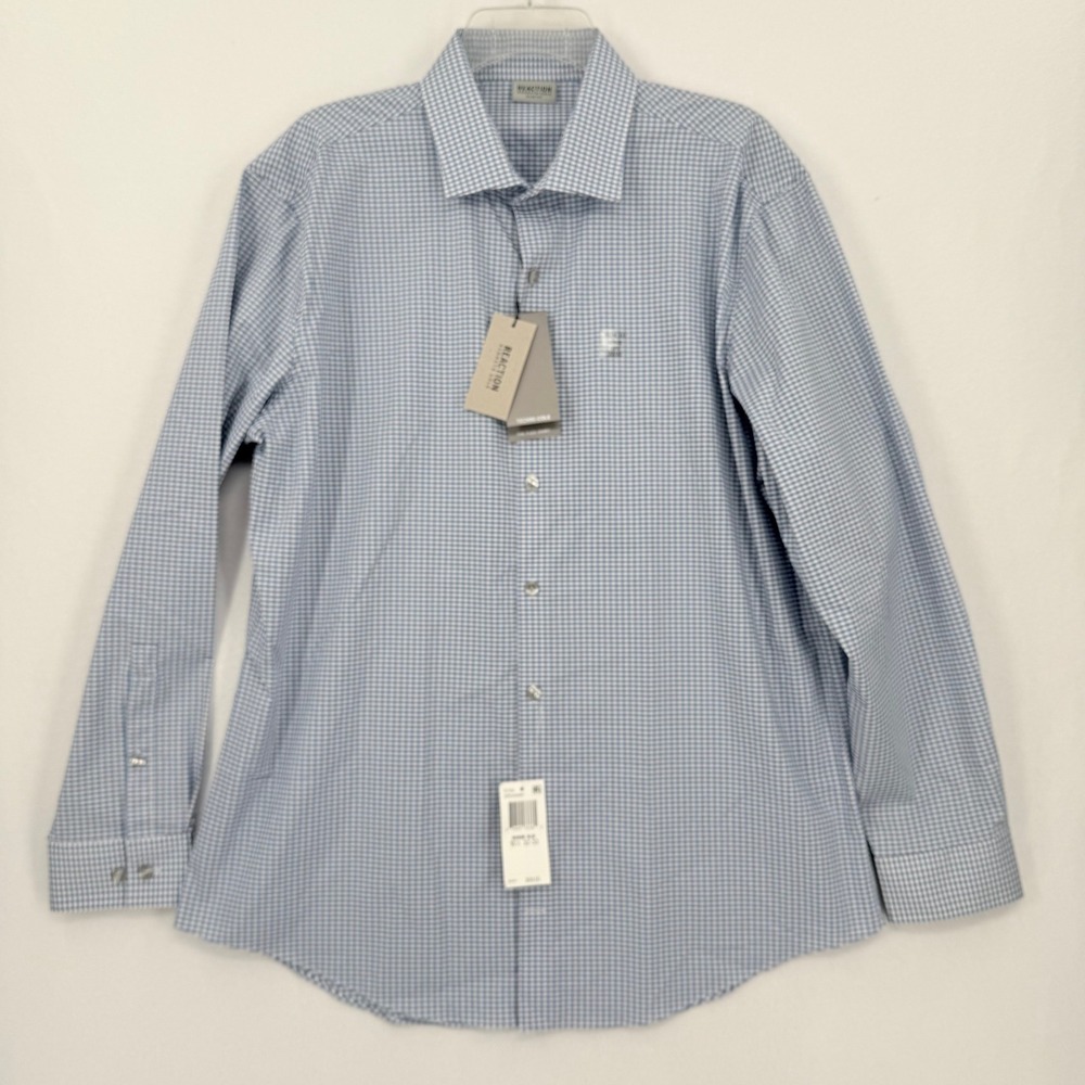 Kenneth Cole Reaction Dress‎ Shirt Mens 16.5 32/33 Blue Gingham Techni-Cole Flex